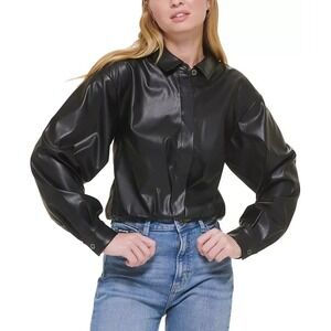 DKNY Women's XL Black Faux-Leather  Jacket Hidden Placket Cuff Sleeve NEW